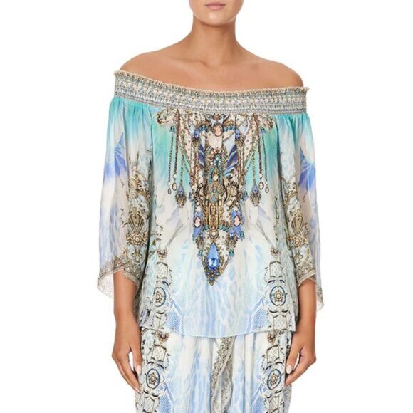 Camilla Gatsbys Girl Off Shoulder Shirred Blouse XS 165E - Picture 9 of 11